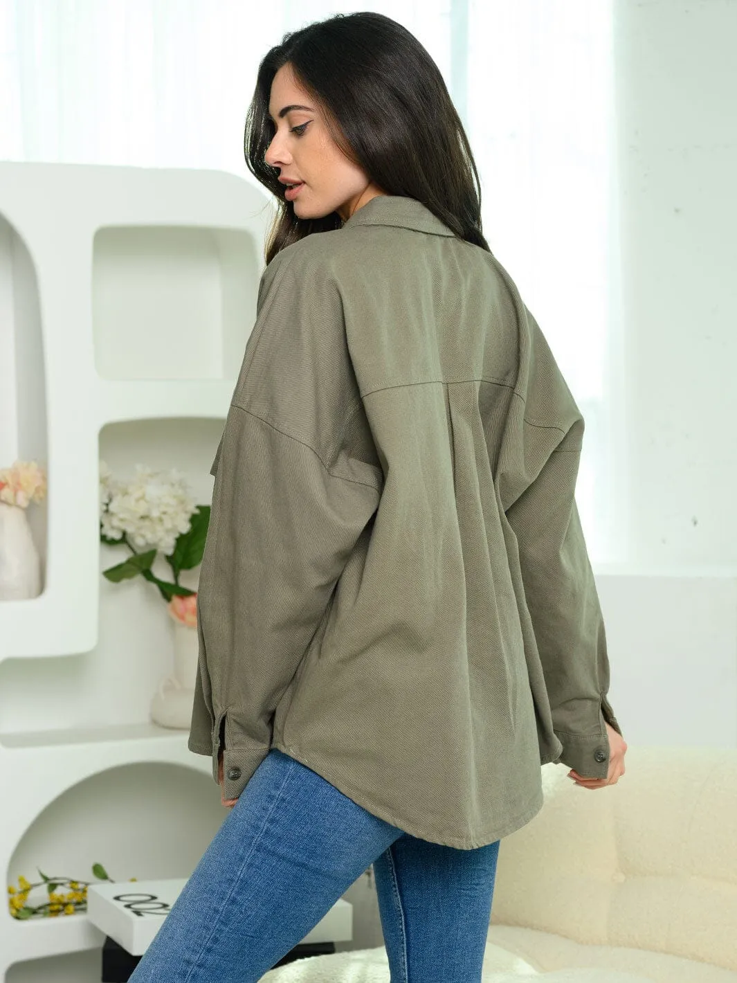 WOMEN'S LONG SLEEVES BUTTON UP OVERSIZED TWILL TOP