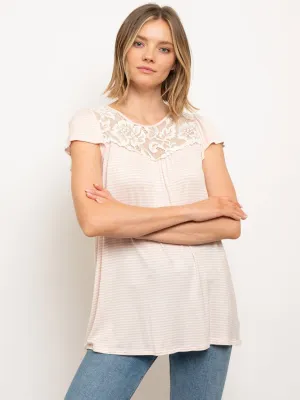 WOMEN'S PIN STRIPES TUNIC ROUND NECK RUFFLE SLEEVE LACE TRIM TOP