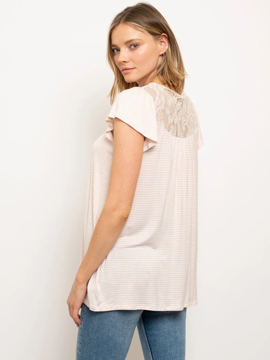 WOMEN'S PIN STRIPES TUNIC ROUND NECK RUFFLE SLEEVE LACE TRIM TOP