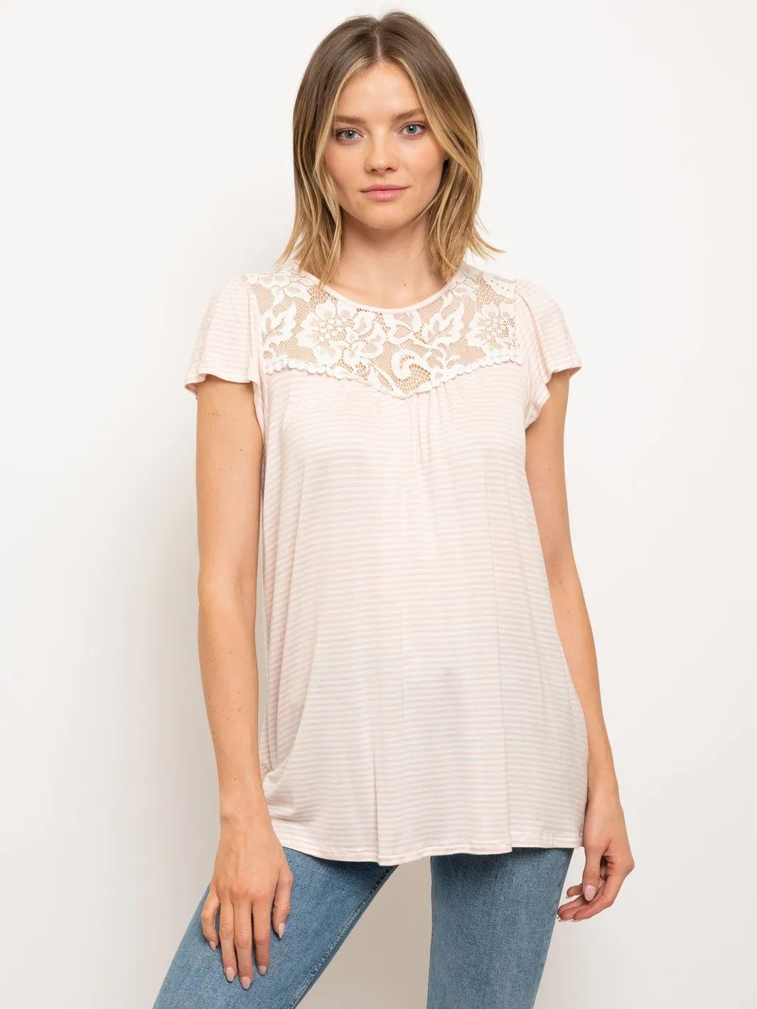 WOMEN'S PIN STRIPES TUNIC ROUND NECK RUFFLE SLEEVE LACE TRIM TOP