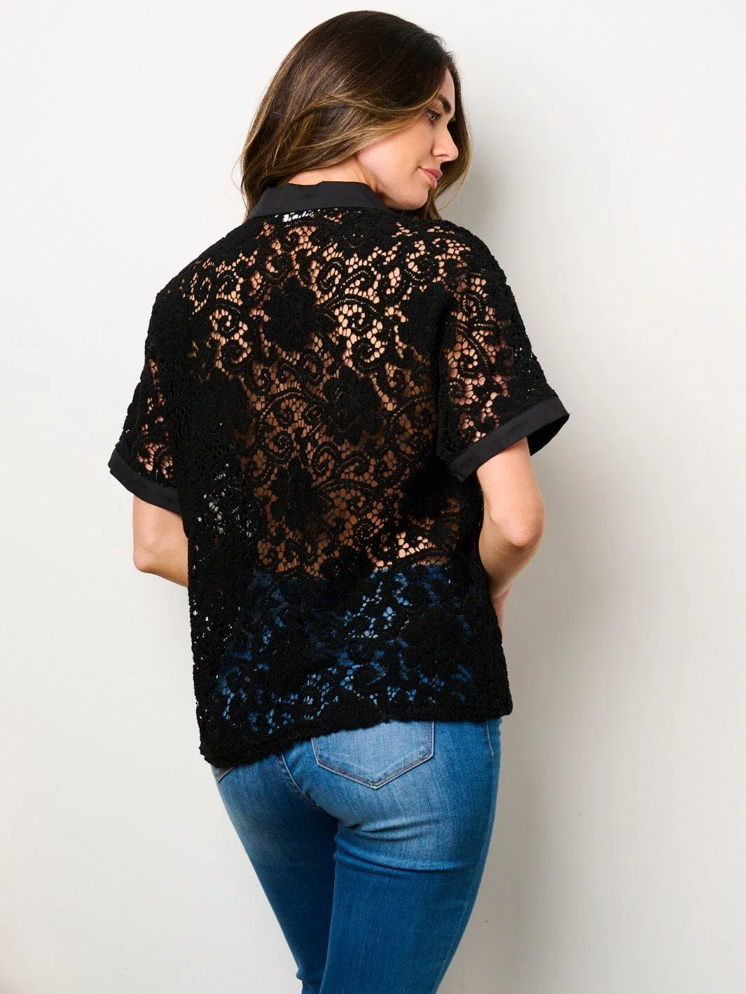 WOMEN'S SHORT SLEEVE BUTTON UP LACE KNITTED BLOUSE TOP