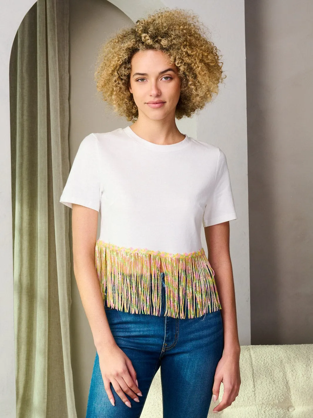 WOMEN'S SHORT SLEEVE SEQUINS FRINGE TOP