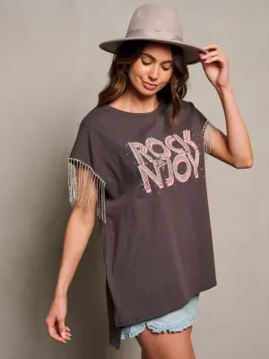 WOMEN'S SHORT SLEEVE STUDS FRINGE GRAPHIC TOP