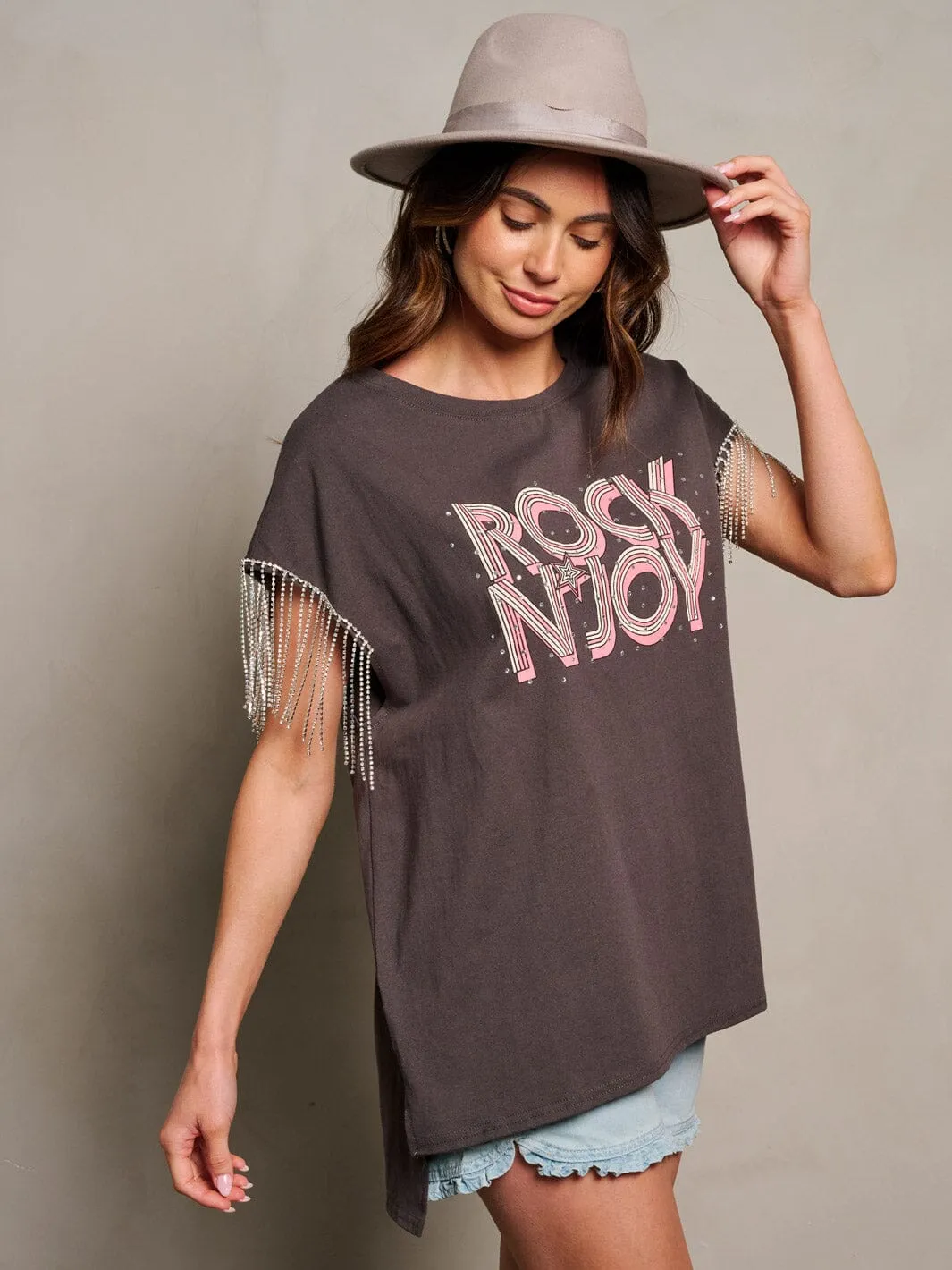 WOMEN'S SHORT SLEEVE STUDS FRINGE GRAPHIC TOP