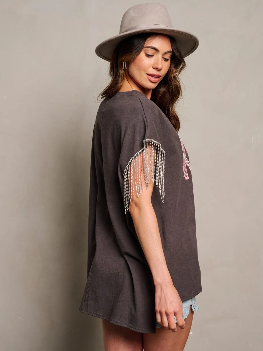 WOMEN'S SHORT SLEEVE STUDS FRINGE GRAPHIC TOP