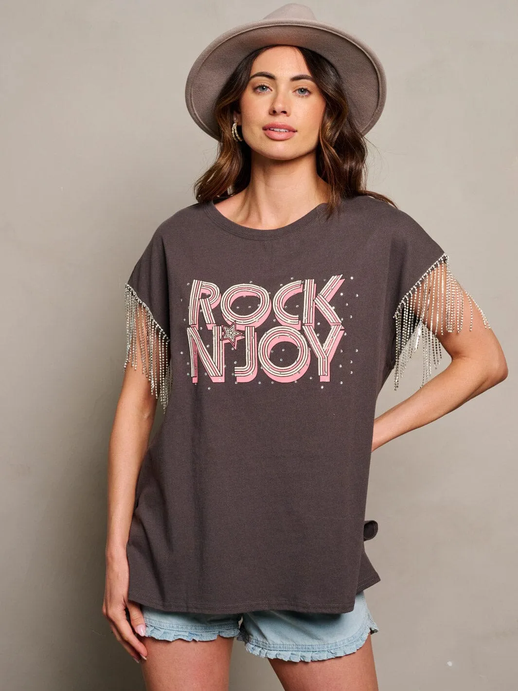 WOMEN'S SHORT SLEEVE STUDS FRINGE GRAPHIC TOP