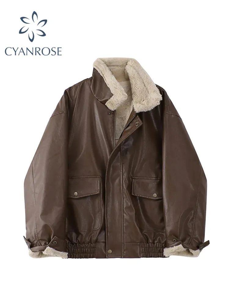 Women's Winter Faux Leather Jacket with Fur Collar and Fur Lining Loose Fit Warm Fake Lamb Wool Fleece Vintage Thick Lapel PU Motorcycle Style Coat Jacket