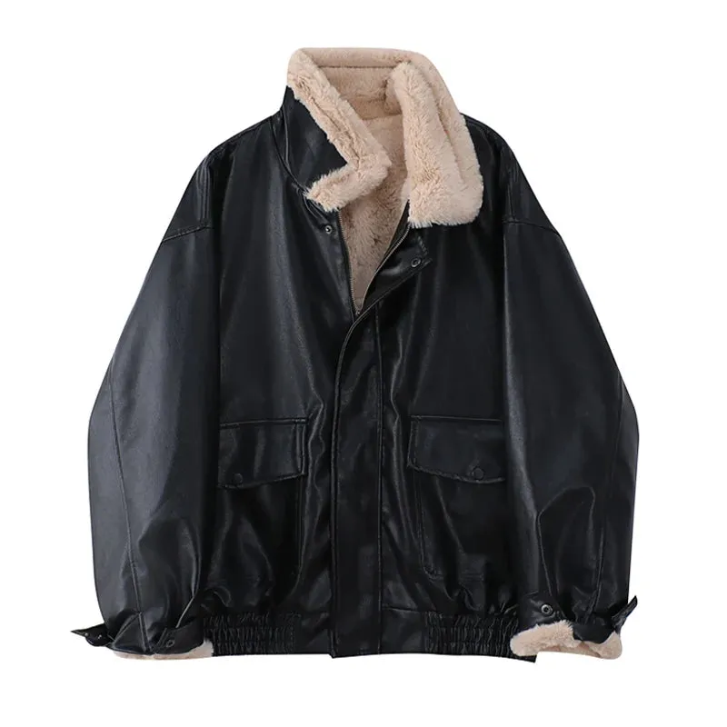 Women's Winter Faux Leather Jacket with Fur Collar and Fur Lining Loose Fit Warm Fake Lamb Wool Fleece Vintage Thick Lapel PU Motorcycle Style Coat Jacket