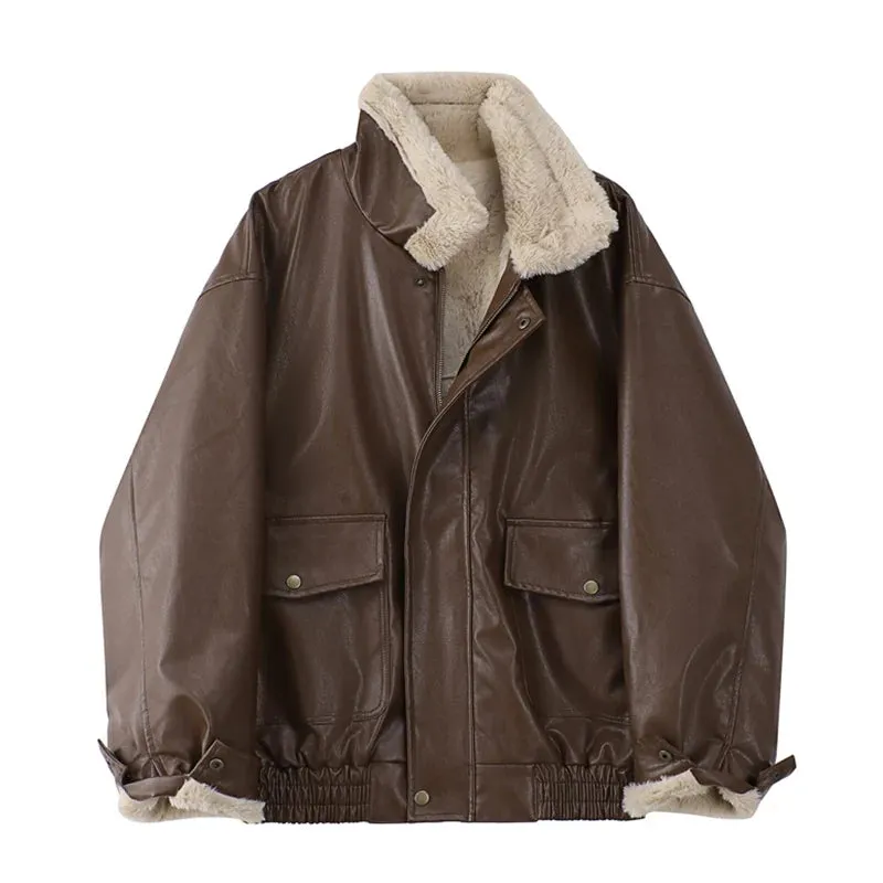 Women's Winter Faux Leather Jacket with Fur Collar and Fur Lining Loose Fit Warm Fake Lamb Wool Fleece Vintage Thick Lapel PU Motorcycle Style Coat Jacket