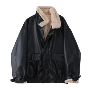 Women's Winter Faux Leather Jacket with Fur Collar and Fur Lining Loose Fit Warm Fake Lamb Wool Fleece Vintage Thick Lapel PU Motorcycle Style Coat Jacket