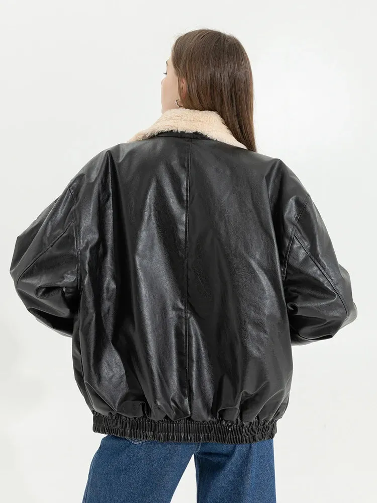 Women's Winter Faux Leather Jacket with Fur Collar and Fur Lining Loose Fit Warm Fake Lamb Wool Fleece Vintage Thick Lapel PU Motorcycle Style Coat Jacket